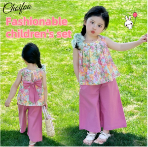 ChoiFoo ชุดฤดูร้อนของเด็กผู้หญิงชุด2ชิ้นลายดอกไม้แขนกุดหวานแบบเกาหลีชุดเด็กบางๆน่ารักเสื้อแขนกุดเท่และระบายอากาศได้ชุดเด็กนุ่มสบายผิวเป็นมิตรเสื้อผ้าลำลองสำหรับเด็กผู้หญิง