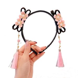 538TD Red Hanfu Wig Headband Chinese Style Pearl Flower Tassel Headband Traditional Ancient New Year Headwear Children