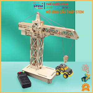 [Mô hình stem] Bộ đồ chơi lắp ráp gỗ Cần Cẩu Tháp Xây Dựng có dây điều khiển từ xa. Đồ chơi khoa học công nghệ stem