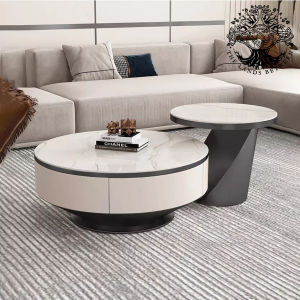 Bàn trà sofa bàn phòng khách bàn cafe nội thất nhập khẩu mẫu bàn đôi hộp tủ vân gỗ mặt tròn ceramic chân sắt đen