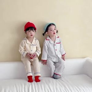 2026 Spring New Childrens Pajama Set 1-8Y Cotton Linen Soft Cotton Boys Pajama Suit Striped Girls Sleep Wear Kids Indoor Suit2026