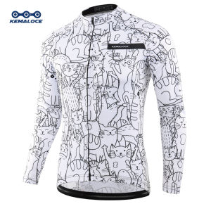 KEMALOCE White Men Cycling Jersey Breathable Long Sleeve MTB Bike Jersey Cartoon Cat Black Bicycle Shirts Cycling Wear