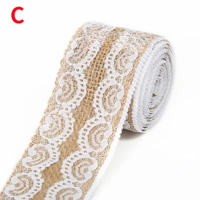 2m/roll Natural Jute Burlap With White Lace Rustic Vintage Wedding Decoration DIY Fabric Ribbons