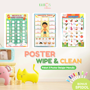 3 Poster Dinding Glossy Wipe and Clean Edukasi Anak Paud TK Belajar Menulis Alfabet ABC