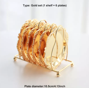 Tatakan Piring Kue Dessert Emas SET 6pcs Carved Metal Dessert Plate Tray Cup Coaster
