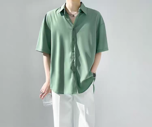 Huilishi Oversized Mens Plain Drape Silk Fashion Lapel Short Sleeve Shirt