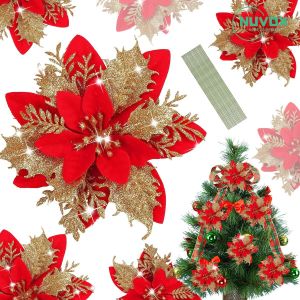 Nuvox【Gold/Gold Red】30 PCS Poinsettia with Stick/Clip Flower Artificial Poinsettia Christmas Decor Glitter Poinsettia Christmas Ornaments Christmas Tree Flower Decoration with Stems DIY Xmas Wreath Holiday Party Decor
