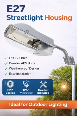 E27 Streetlight Housing Outdoor Lamp Fixture | Replaceable Bulb Street Light Casing with Arm Bracket