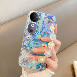 Phone case Vivo V40 V30 V29 5G V29e V27 V27e V25 V25e V23 V23e with lovely wrist strap Beautiful Flower Pattern Soft Casing Vivo V40 Pro Phone Cover