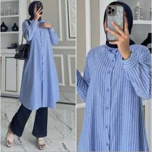 tunik dewasa jumbo full kancing kemeja tunik salur kekinian outfit wanita trendy midi dres wanita