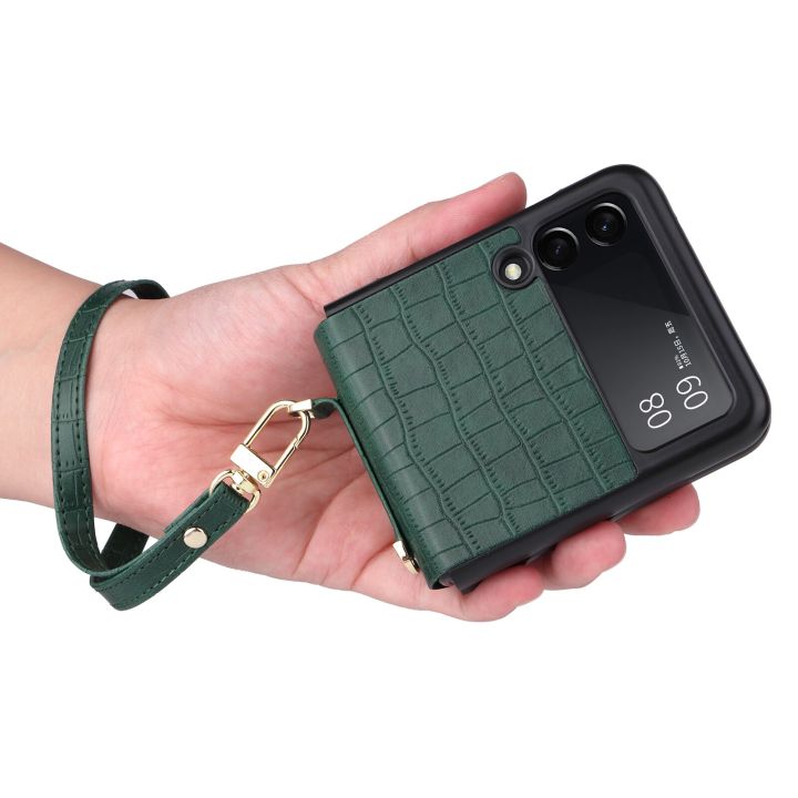Z Flip 3 Leather Case with Lanyard Protection Cover for Samsung Galaxy