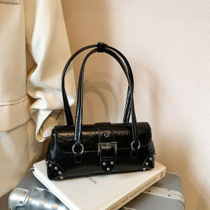 MOUSSON  กระเป๋ารักแร้สะพายไหล่ผู้หญิงลำลองหัวเข็มขัดโลหะแฟชั่นกระเป๋าถือบอสตัน