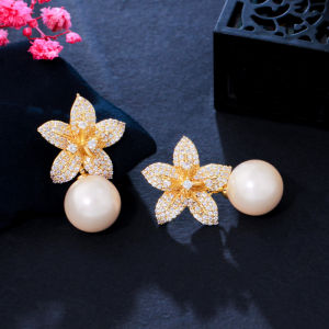 SEQUITO Luxury Women Jewelry Yellow Gold Color Full Pave Round AAAAA Cubic Zirconia Floral Shape Champagne Big Pearl Drop Dangle Banquet Party Earrings SE749