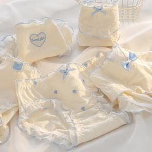 Young girl Underwear 5pc/lot 95%cotton Lovely middle Waist Briefs student Panties children lace solid bow skin Teenagers M-XL2026