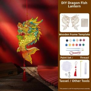 DFYER56 Carved Wood Dragon Fish Lantern Hand-Painted Three-Dimensional Mid-Autumn Fish Light Chinese Lantern Colorfast Mythical Creature Lamp Corporate Events