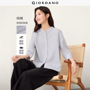 Giordano Beau Monde Women 100% cotton curved hem 3/4 sleeve blouse Free Shipping 13346616
