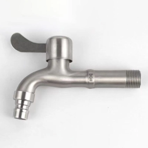 Universal faucet with 1 inlet 2 outlets made of 304 stainless steel. Features corrosion resistance durability and smooth water flow. Suitable for home use.