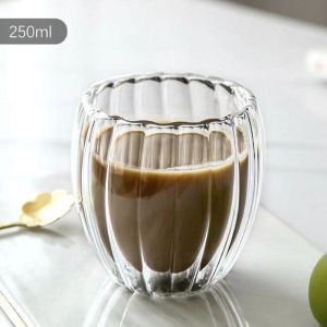 250ml 350ml 450ml Double Wall Transparent Glass Coffee Mug Heat Resitant Tea Mug Stripe Shape
