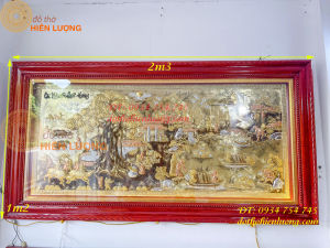 Tranh cội nguồn quê hương DxR: 2m3 x 1m2 bằng đồng mạ tam khí có đèn led khung gỗ thịt