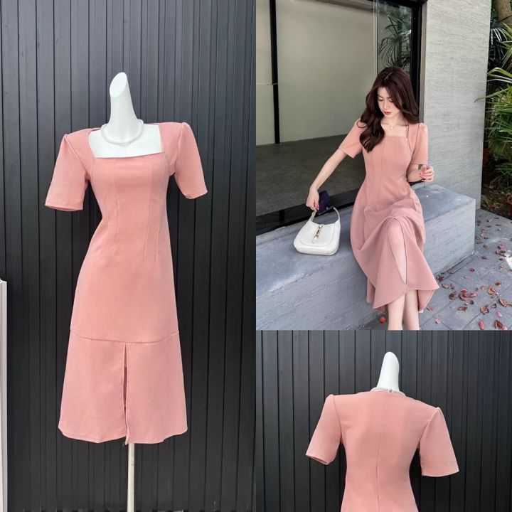 formal dress for women korean style elegant a line square neck sunday plain  pink church dress Korean Style Bodycon Dresses Short Sleeve Polyester Formal  Dress Midi Length Church Dress - Lazada |