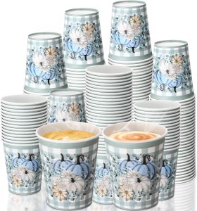 100 Pcs Thanksgiving Paper Cup 9 oz Fall Blue Pumpkin Cups Fall Coffee Cups Autumn Harvest Party Supplies Hot Cold Beverage Drinkware for Autumn Fall Holiday Dinner Event
