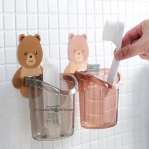 SEA JJT Cute Bear Wall-Mounted Toothbrush Holder with Non-Drilling Design for Bathroom Storage