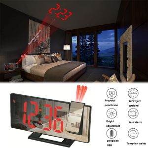 Mi.more 180 °Jam Alarm Proyeksi Digital LED Dengan Layar LED 7.8 "+ Snooze + Suhu + Kalender Untuk Kamar Tidur Proyeksi di Langit-Langit Proyektor Waktu Elektronik Dual Keras Samping Tempat Tidur Jam Bisu