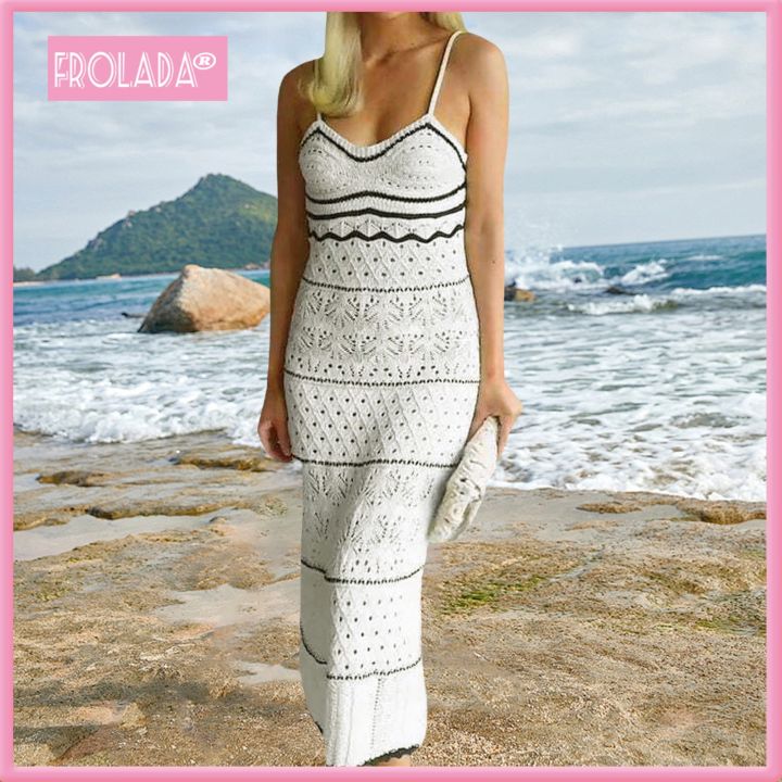 knit cami midi dress Dresses For Women Women's Crochet Sleeveless Long Dress Spaghetti Strap Eyelet Striped Midi Plus size