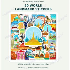50pcs World Landmark Travel Sticker Decal Set City & Country Sticker Pack for Laptop Luggage Scrapbook & Journal