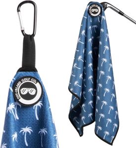 Magnetic Golf Towel with Carabiner Clip & Extra Strong Magnet - 24 x 16 in. Waffle Microfiber Golf Bag Towel - Blue Golf Towels for Golf Bags Women & Men (Blue Palm Trees)