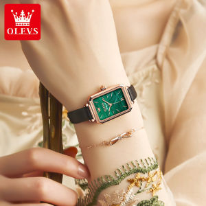 OLEVS Brand Fashion Womens Watches Waterproof Leather Strap Mesh Belt Quartz Watches Ladies Square Shape Elegant Small Green Female Wristwatch 6624