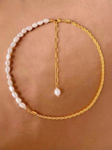 สร้อยคอโซ่ไข่มุกน้ำจืดรูปทรงพิเศษแฟชั่นสไตล์เกาหลีสร้อยคอหรูหราขนาดเล็กชุบทอง14k