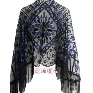 Womens 1920s Sequined Mesh Scarf Cape Fringed Evening Dress Shiny Shawl