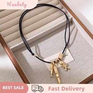 Heabety  Gold Hip Hop Metallic Fish Bone Pendant Necklaces For Women Long Adjustable Wax Rope Collarbone  chain Fashion accessories
