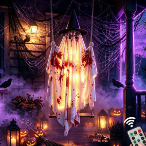 L67 Glowing Witch on Swing Ghost Pendant with remote control Halloween Hanging Decor for Home Garden L
