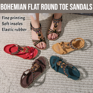 2025 Yasrun New Bohemian Flat Round Toe Sandals For Women Handmade Women Sandals Ethnic Style Flat Shoes Casual Slip-On Shoes