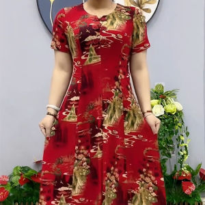2025 Womens Floral Short-sleeved Dress Casual Round-neck Mid-length A-line Skirt New Style Fashionable and Versatile Loose Skirt