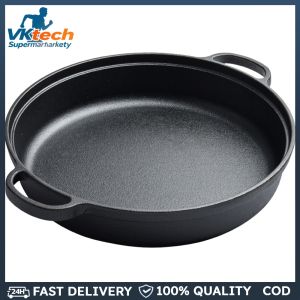 8.7/9.8/11/11.8inch Iron Frying Pan with Double Handles Baking Tray Pre-Seasoned for Bread Baking Outdoor Cooking Camping