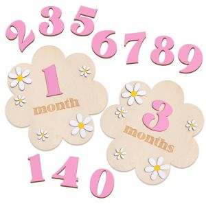 VERMILL Wooden Baby Monthly Milestone Cards DIY 3D Flowers Newborn Photography Props Fashion Double Sides Milestone Photo Props Girls Boys