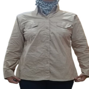 Kemeja Formal Stretch panjang coklat muda wanita kantong 2 skoder (kemeja pdl wanita stretch)
