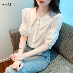 AMMIN 2023 summer new female design sense chic casual commuter bubble sleeve shirt Korean style fashion temperament short-sleeved gentle wind doll collar white chiffon Tops