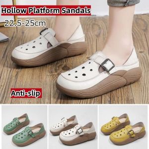 Women Wedge Sandal Leather Hollow Platform Sandals Ladies Round Toe Vintage Shoes