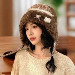 YINGRAN2 Dễ thương Hello Kitty len dệt kim Mũ mùa đông ấm lạnh Mũ KT tai bảo vệ Mũ Nữ Tính Phụ kiện thời trang quà tặng giáng sinh