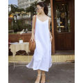 Váy suông 2 dây dáng dài xẻ 2 bên chất vải Linen Hàn mềm mát SLINEN - Trắng tinh. 