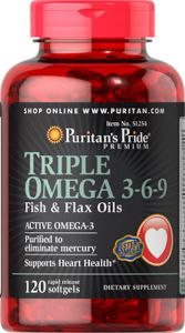 Puritans Pride Triple Omega 3-6-9 Fish & Flax Oils 120 Softgels / Item #51254