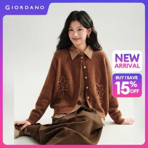 Giordano Women Floral applique crewneck cardigan Free Shipping 18356827
