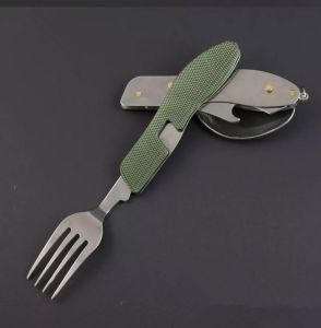 Tablespoon 6 In 1 Foldable Spoon Knife fork bottle opener Stainless Steel pocket Kits Outdoor Camping Multi Purpose Tool