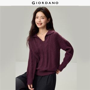 Giordano Beau Monde Women Open collar cable knit sweater Free Shipping 13356638