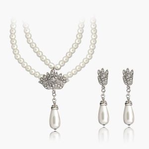 ROEM Fashion Women Choker Party Gift Earrings Necklace Set Crystal Wedding Jewelry Set Pearl Pendant Bridal