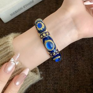 HULEQQI Đá mắt mèo Vòng tay Cloisonne cổ điển Tráng men hoa Truyền thống Vòng tay hoa Trung Quốc Thời trang thanh lịch Dân tộc Vòng tay nữ Quà tặng cho phụ nữ và các bạn gái.